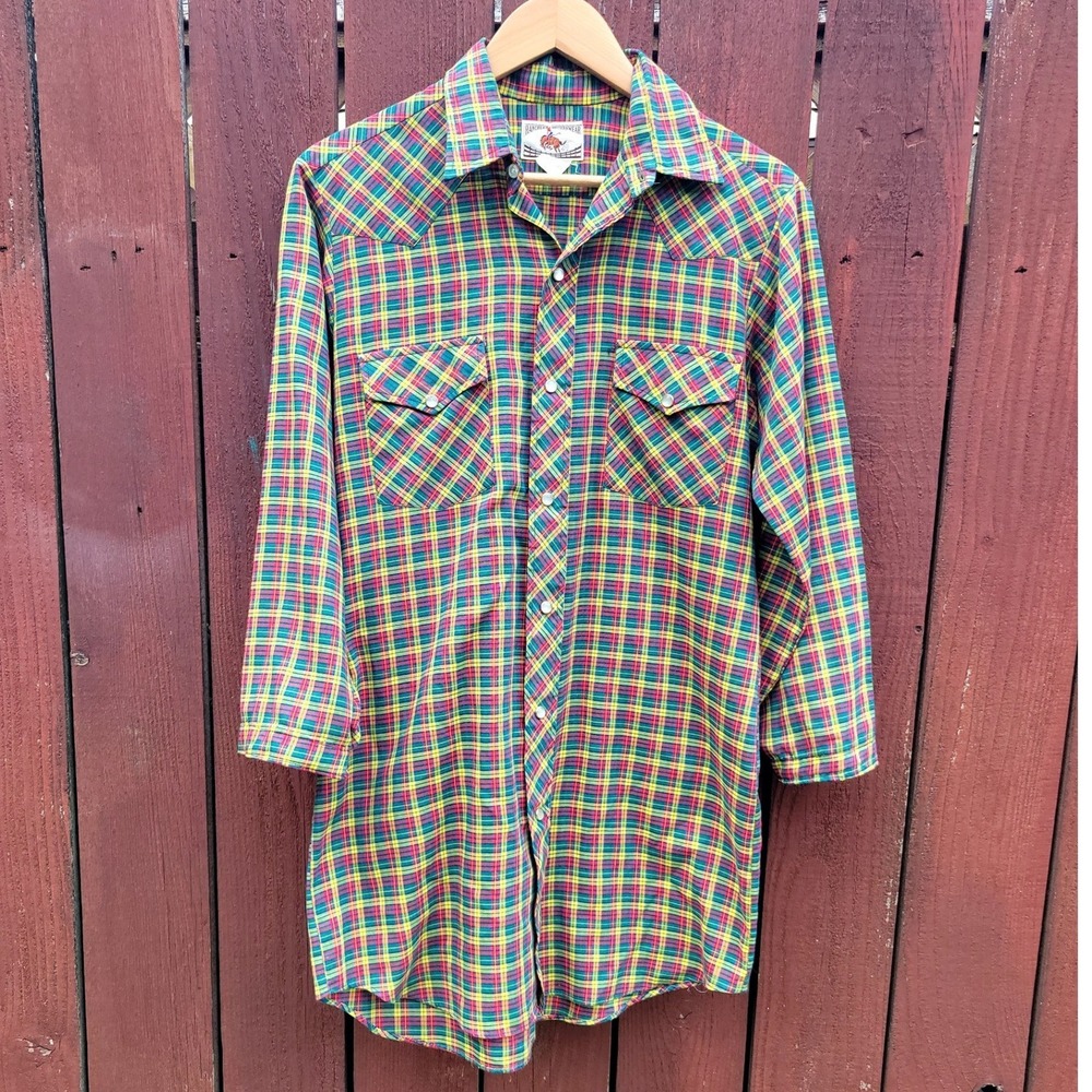 Vintage Rancher Westernwear Plaid Pearl Snap Shirt Dress Multi Color USA Made M